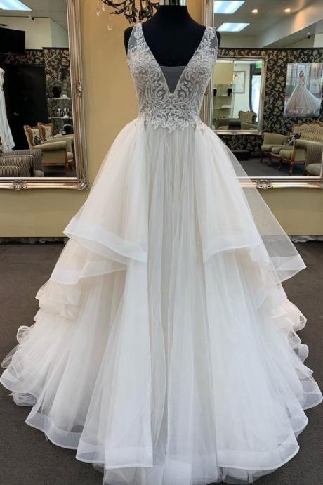 White Tulle Lace Custom Size Long Prom Dress, Ruffles White Wedding Dress