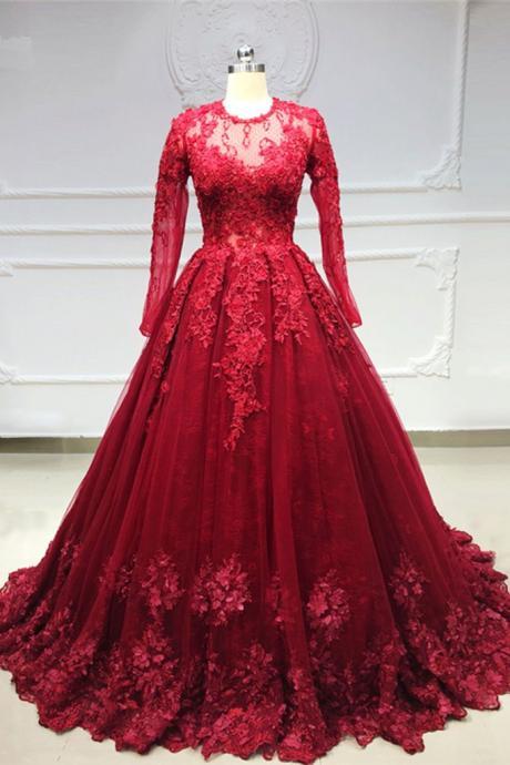 Burgundy Tulle Lace Long Sleeve Princess Ball Gown, Formal Prom Dress