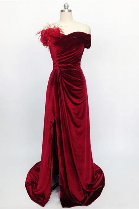 Burgundy Velvet Off The Shoulder Long Mermaid Evening Dress, Prom Dress