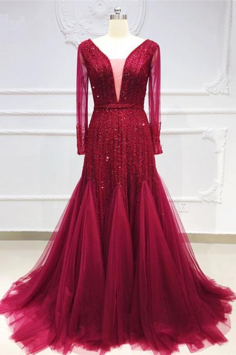 Burgundy Tulle Crystal Beaded V Neck Long Sleeve Pageant Prom Dress, Evening Dress