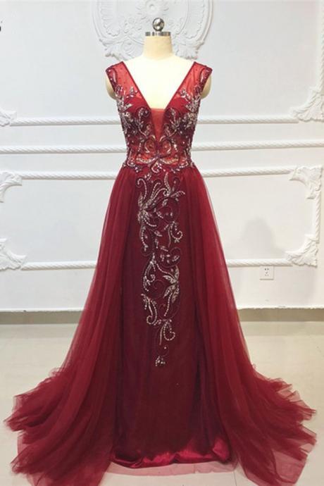Burgundy Tulle Crystal Beaded Floor Length Evening Dress, Open Back Prom Dress