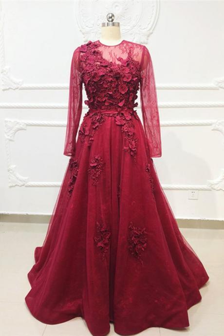 Burgundy Tulle Lace Applique Long Senior Prom Dress, Evening Gown With Sleeve