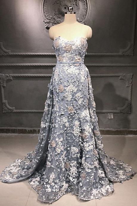 Sweetheart Gray Lace Removable Train Evening Dress, 3d Flower Applique Women Prom Dress