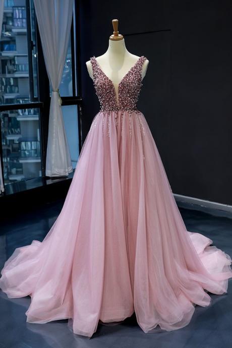 Pink Tulle Beaded Sequins Train V Neck Prom Dress, Pearl Evening Gown