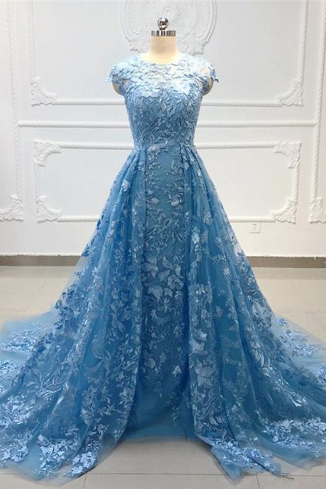 Sky Blue Lace Sweep Train Cap Sleeve Senior Prom Dress, Evening Dress
