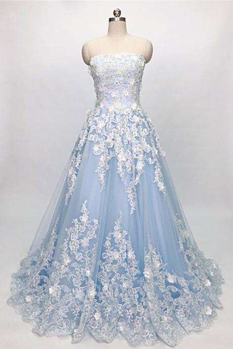 Blue Tulle 3d Lace Applique Strapless Beaded Prom Dress, Evening Dress