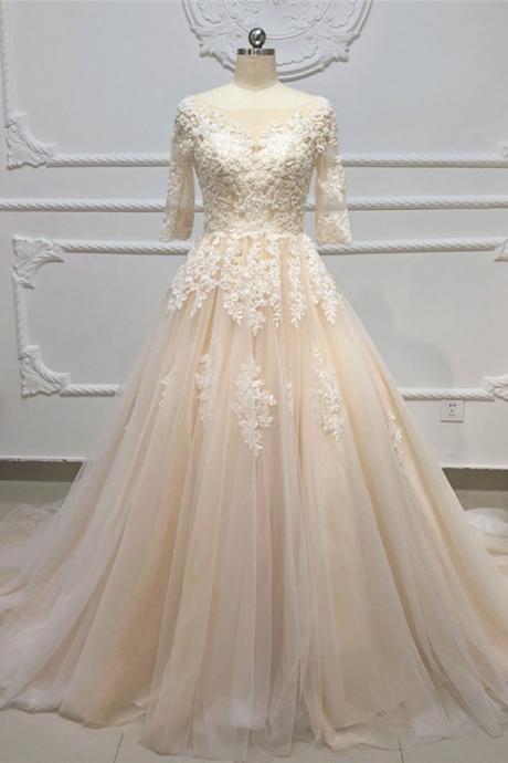 Champagne Tulle White Lace Applique Half Sleeve Long Prom Dress, Wedding Dress