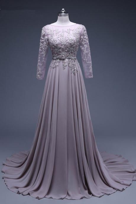 Light Purple Tulle A Line Lace Formal Prom Dress, Evening Dress With Sleeve
