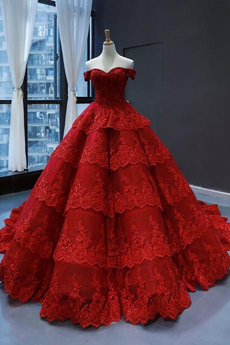 Real Picture Red Lace Multi-layered Sweetheart Formal Prom Dress, Evening Dress