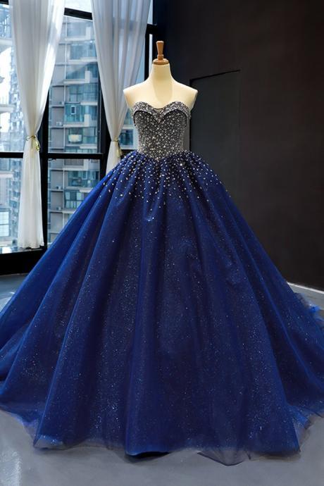 Real Picture Deep Blue Tulle Sequins Tulle Senior Prom Dress, Strapless Evening Dress