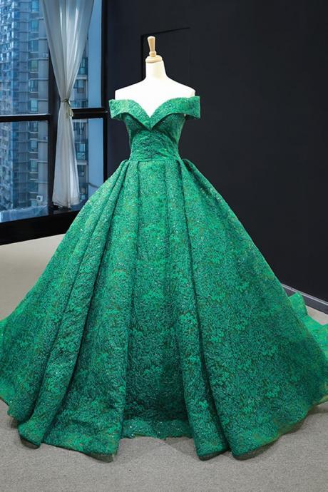 Real Picture Green Lace Sweep Train Custom Made Senior Prom Dress, Evening Dress