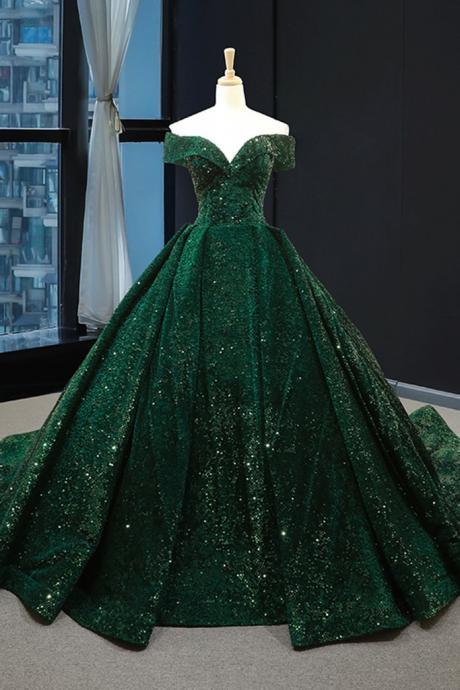 Real Picture Dark Green Sequins V Neck Sweep Train Formal Prom Dress, Special Occasion Dress