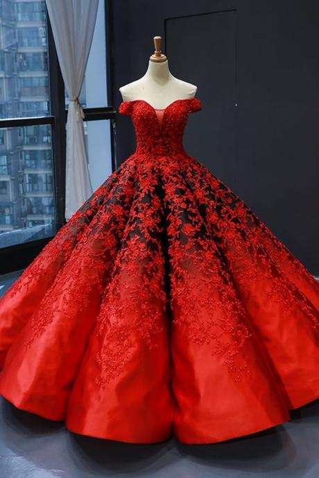 Real Picture Red Heavy Satin Off The Shoulder Floor Length Formal Prom Dress, Ball Gown With Applique