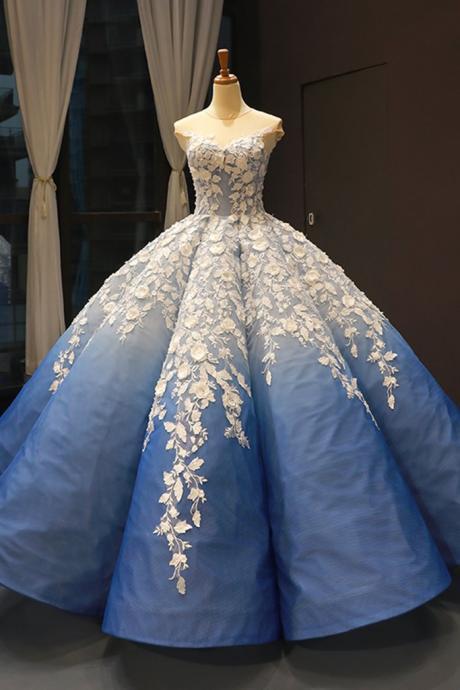 Real Picture Blue Round Neck Lace Up Ball Gown, Formal Prom Dress With Applique