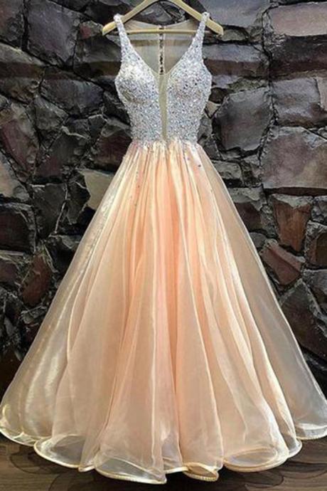 Light Orange Organza Beaded Custom Size Long Halter Prom Dress, Evening Dress