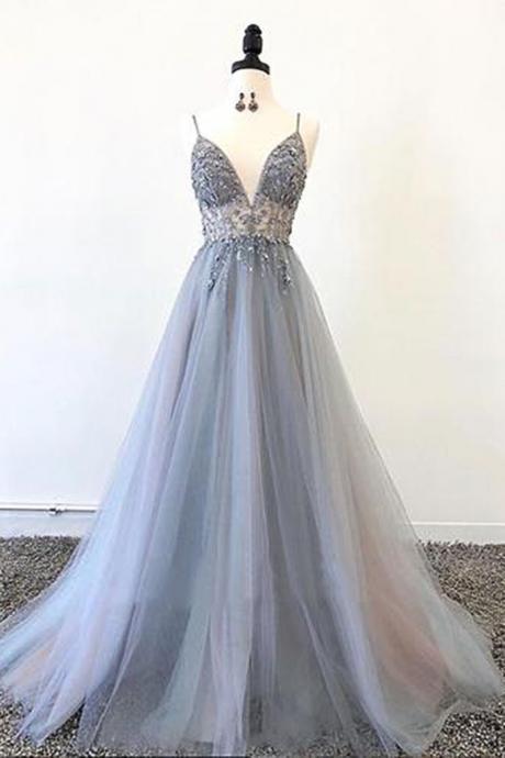 Gray Tulle Spaghetti Straps Open Back Long Beaded Prom Dress, Evening Dress