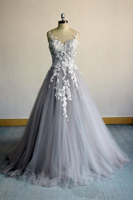Unique Gray Tulle A Line Long Senior Prom Dress, Evening Dress With Applique