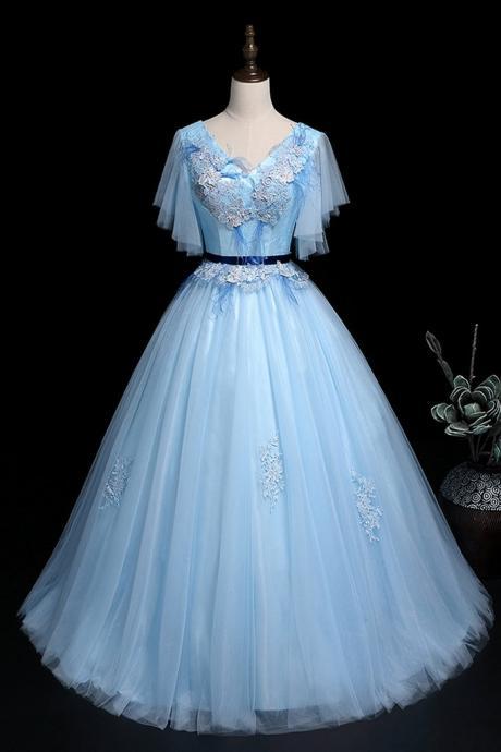 Blue Tulle V Neck Cap Sleeve Long Quinceanera Prom Dress, Ball Gown With Applique