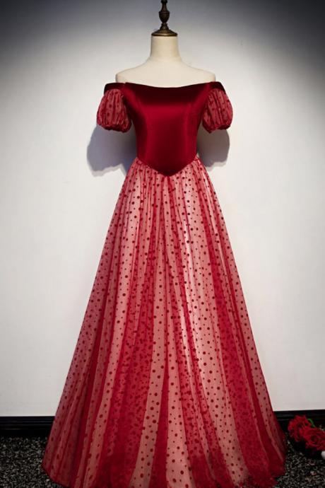 Deep Red Dotted Tulle Short Sleeve Strapless Long Prom Dress, Evening Dress