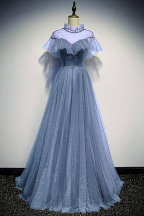 Stunning Blue Gray Sequined Tulle Cap Sleeve Long A Line Lace Up Senior Prom Dress