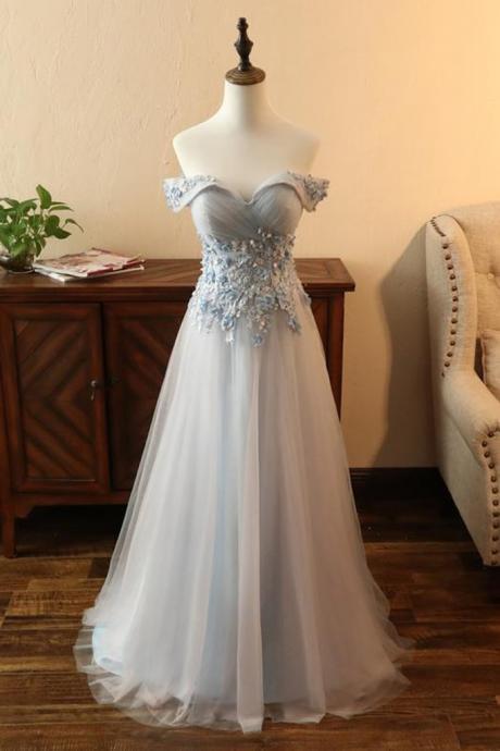 Gray Tulle Off Shoulder Sweetheart Neck Long Lace Up Formal Prom Dress With Applique