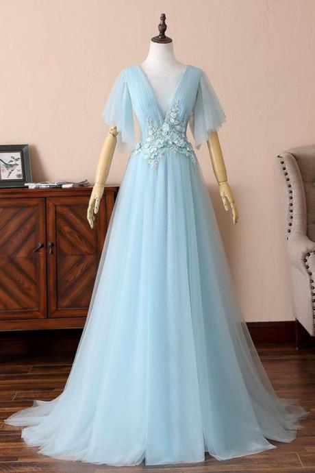 Blue Tulle V Neck Short Sleeve Long Prom Dress, Evening Dress With Applique