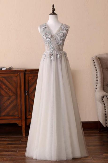 Gray Tulle Long V-neck Evening Dress, Lace Formal Prom Dress