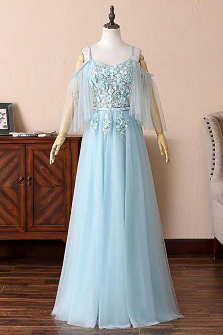 Baby Blue Tulle Custom Size Long Bridesmaid Dress, Lace Prom Dress With Sleeve