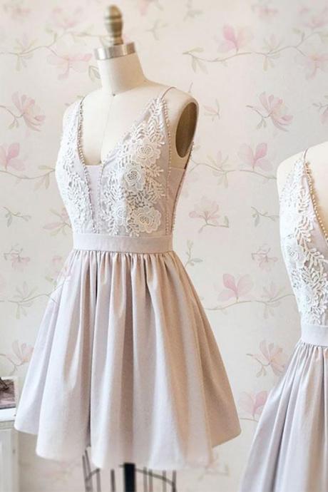 Simple Light Gray Satin V Neck Lace Short Prom Dress, Mini Homecoming Dress