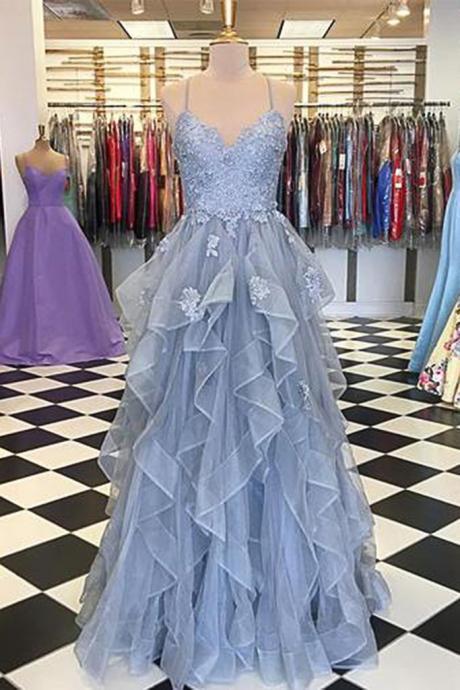 Blue Gray Tulle Spaghetti Straps Ruffles Long Senior Prom Dress, Lace Evening Dress