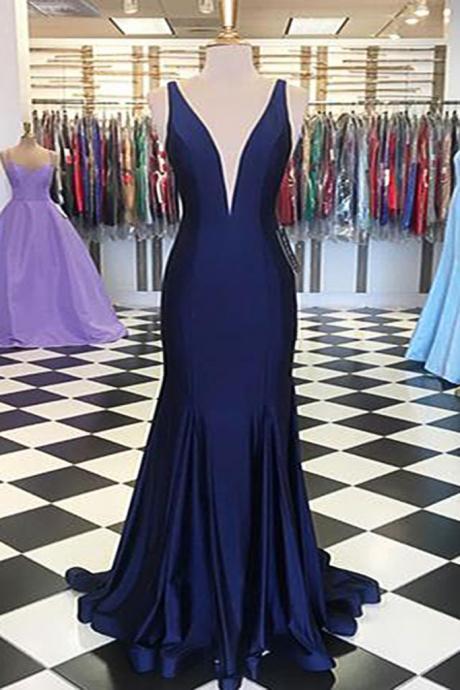 Simple Navy Blue Satin V Neck Long Mermaid Prom Dress, Evening Dress