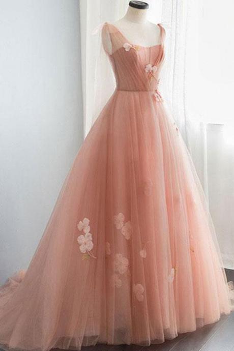 Pink Tulle 3D Lace Applique Long Prom Dress, Pink Tulle Evening Dress