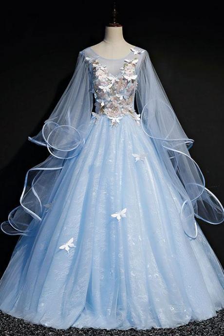 Blue Tulle A Line Custom Made Long Sweet 16 Prom Dress, Blue Tulle Evening Dress