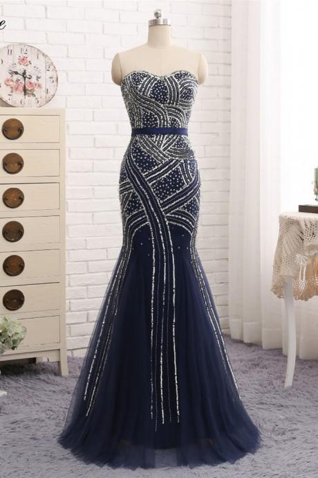 Navy Blue Tulle Sequins Strapless Long Mermaid Evening Dress, Women Prom Dress