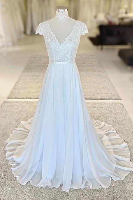 White Lace Chiffon Sweep Train Cap Sleeve Long Prom Dress, Evening Dress