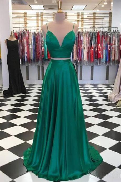 Emerald Green Satin Two Pieces Long Prom Dress, Homecoming Dress With Bow