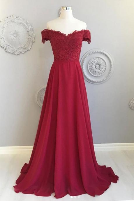 Burgundy Lace Off Shoulder Short Sleeve Long Prom Dress, Evening Dress