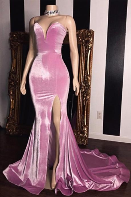 Pink Velvet Sweetheart Neck Sweep Train Mermaid Prom Dress With Slit