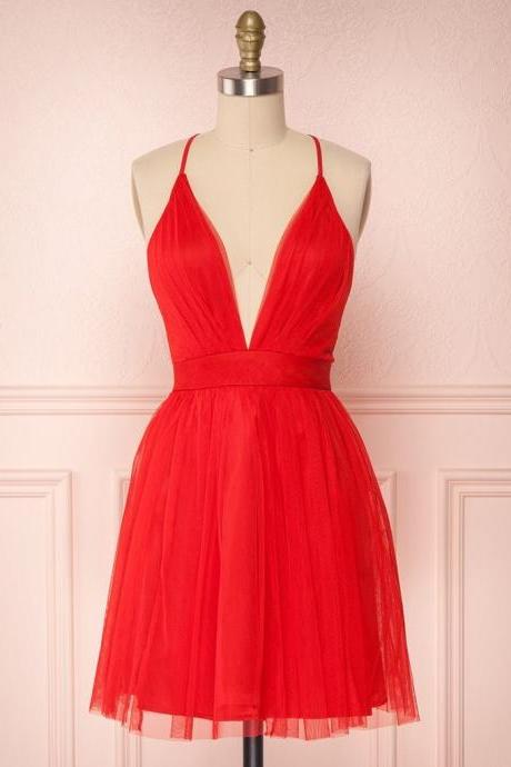 Simple Red V Neck Backless Tulle Homecoming Dresses Short Prom Dresses,cute Red Formal Dresses,evening Dresses,graduation Dresses
