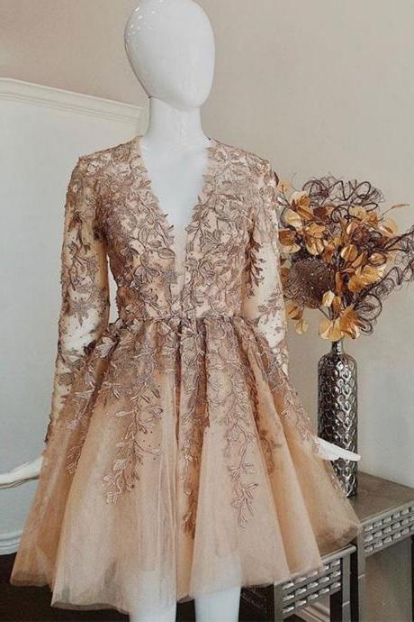 Champagne V Neck Long Sleeves Lace Short Prom Dresses,long Sleeves Champagne Lace Homecoming Dresses,champagne Lace Formal Graduation Evening