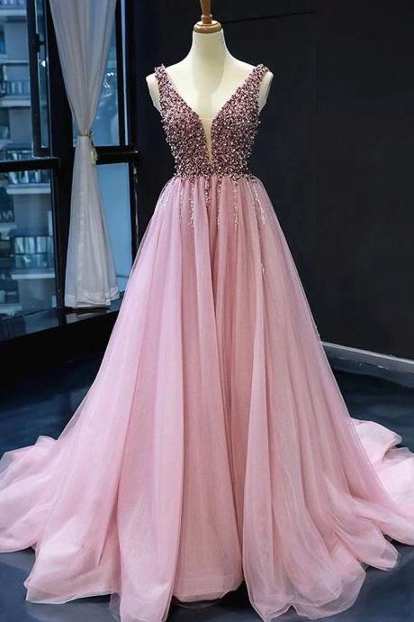 A Line V Neck Pink Prom Dresses With Corset Back,pink V Neck Formal Bridesmaid Dresses
