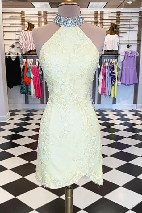 Short Backless Yellow Lace Prom Dresses,short Yellow Backless Lace Formal Homecoming Dresses