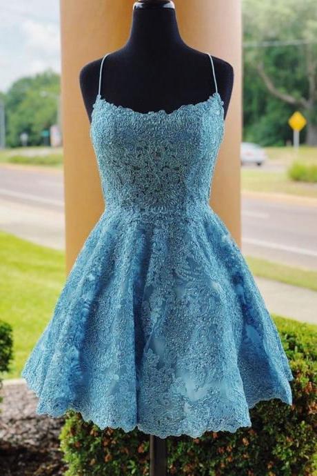 A Line Backless Lace Blue Short Prom Dresses Homecoming Dresses,backless Blue Lace Formal Graduation Evening Dresses