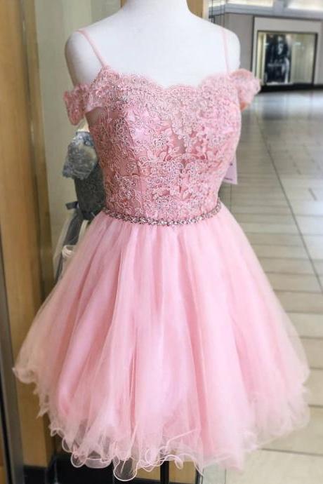 A Line Off Shoulder Lace Pink Short Prom Homecoming Dresses,off Shoulder Pink Lace Formal Graduation Evening Dresses
