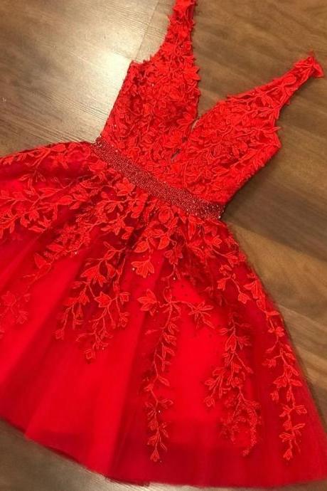 Cute V Neck Short Red Lace Prom Dresses With Belt,red Lace Formal Graduation Homecoming Dresses