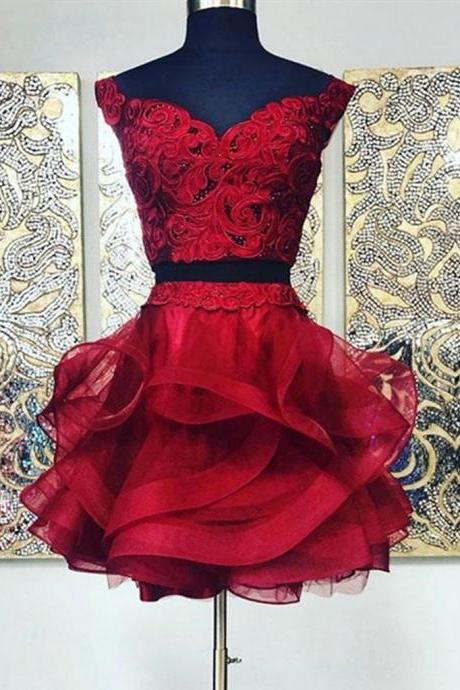 Two Pieces Short Burgundy Lace Prom Dresses,burgundy Lace Formal Graduation Homecoming Dresses