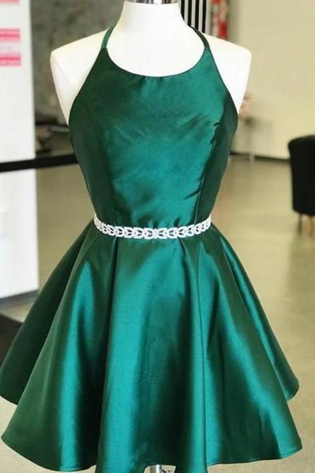 Halter Neck Short Emerald Green Prom Dresses With Belt,short Emerald Green Formal Graduation Homecoming Dresses