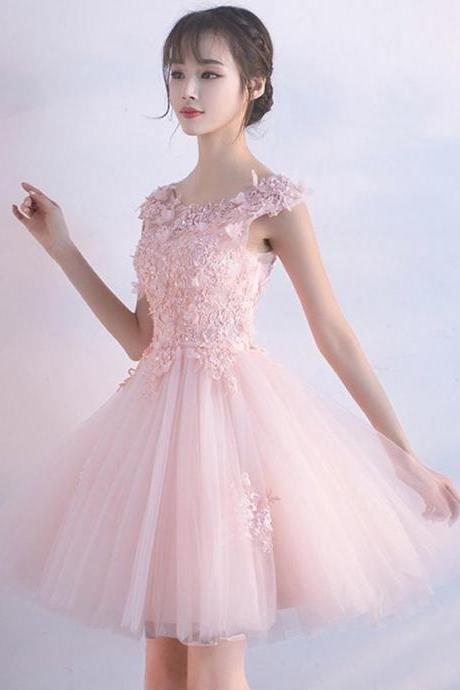 A Line Round Neck Short Pink Lace Prom Dresses,pink Lace Formal Graduation Homecoming Dresses