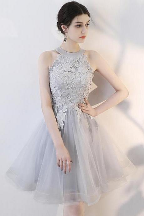 A Line Short Gray Lace Prom Dresses with Appliques,Gray Lace Formal Graduation Homecoming Dresses