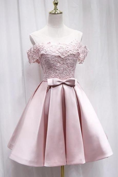 Cute Off Shoulder Pink Lace Short Prom Dresses,pink Lace Formal Graduation Homecoming Dresses